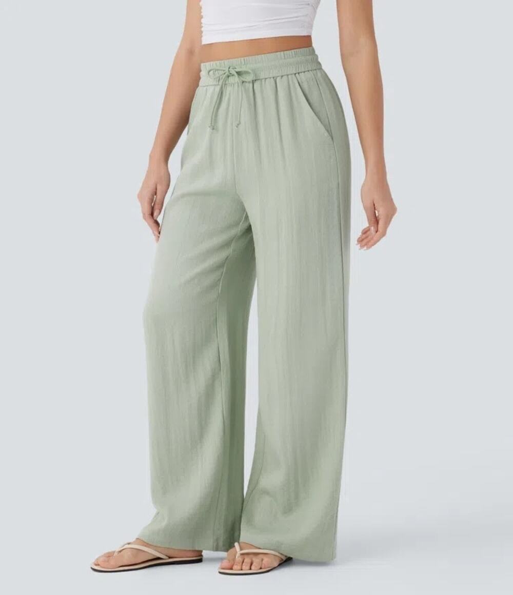 Halara High Waisted Drawstring Pocket Wide Leg Pants "Pale Aqua' S